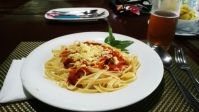 Delicious dinner - italian white fettucine with tomato, basil, garlic sauce